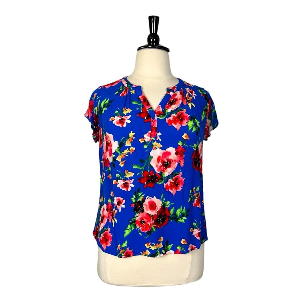Papermoon Top V-neck Short Sleeves Gauze Blue Pink Floral Women’s Size 2XL